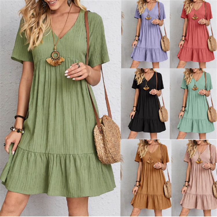 2026 European and American Women's Clothing Amazon Hot-Selling Summer Loose Casual Short-Sleeved Flowing Dress 7 Colors 6 Sizes in Stock