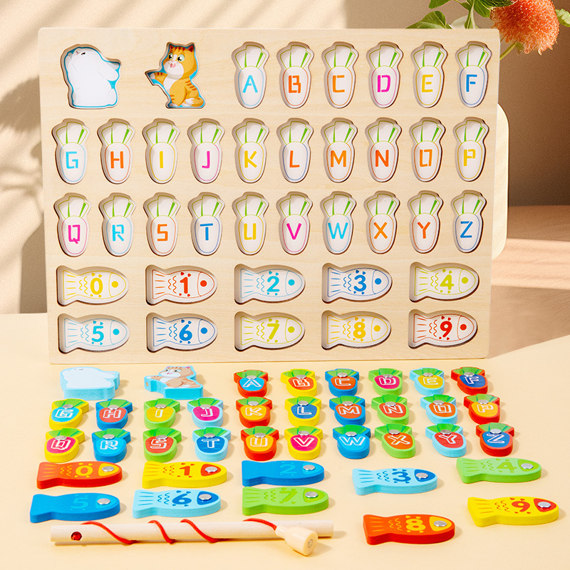 Educación temprana de madera para niños Alfabeto magnético Pesca Color Cognición Juego de rompecabezas interactivo de escritorio práctico