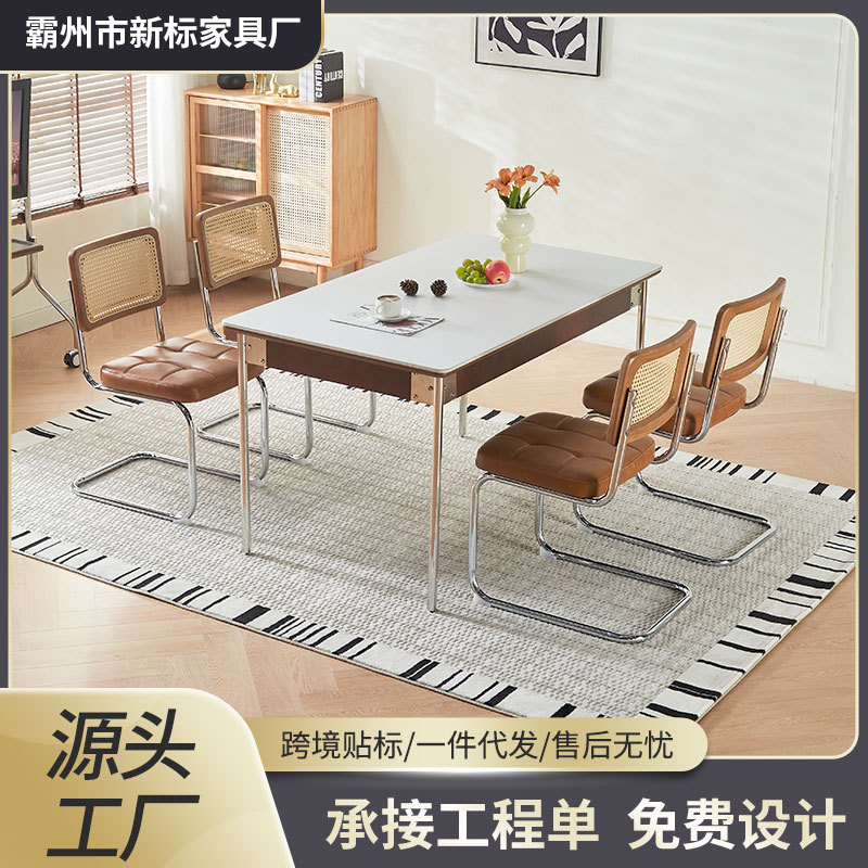 Luxury Jasmine Rattan Walnut Dining Chair 12cm Thickened Sintered Stone Vintage Dining Table for Home Use