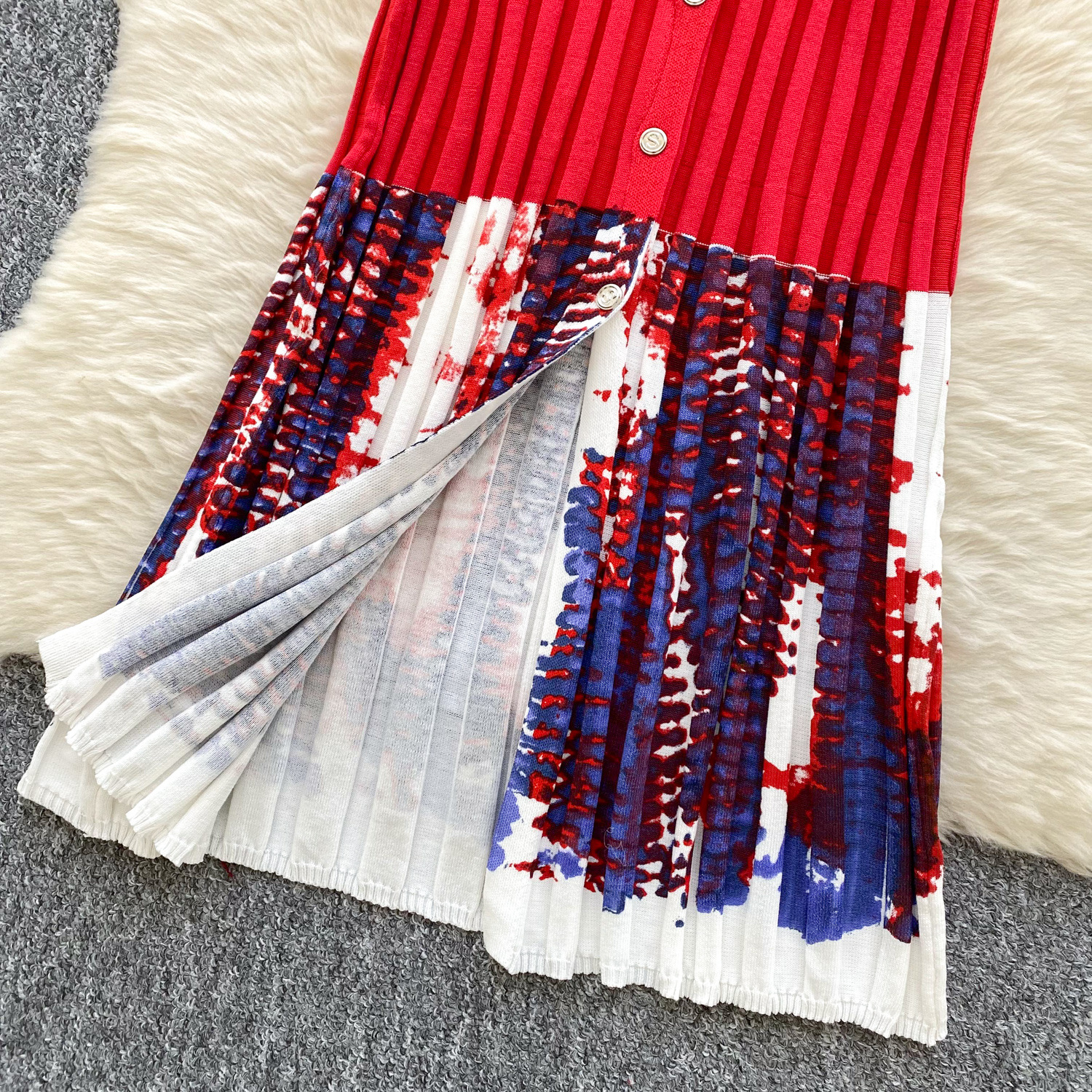 Women's Light Luxury Minimalist Sleeveless Knitted Long Dress Summer Splicing Single Breasted Design Elegant Unique_ecoleips.com