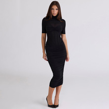 速卖通欧美风女装冬季新款半高领纱网微透拼接性感紧身褶皱连衣裙