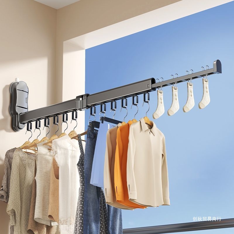 Suction Cup Folding Clothes Drying Rack for Balcony, Household Invisible Telescopic Clothes Drying Rod, Indoor Clothes Hanger, Bay Window Clothes Drying Artifact