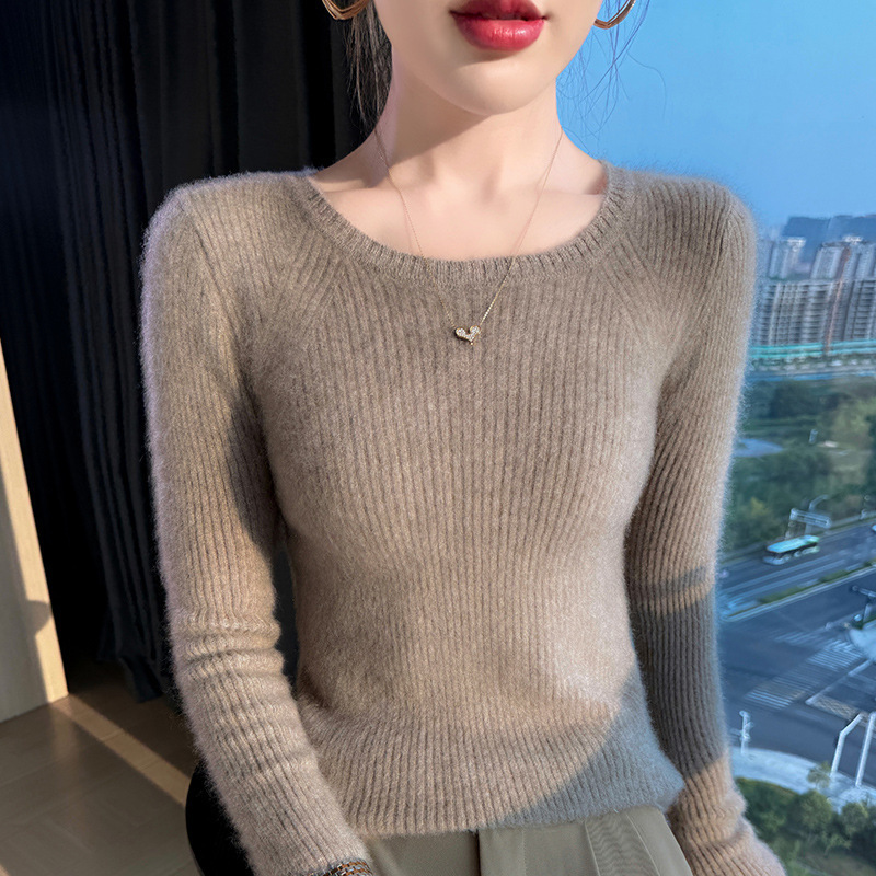 简约厚款圆领100羊毛衫女秋冬打底衫上衣修身新款百搭毛衣抽条|undefined