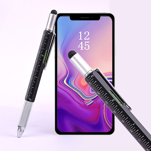 Multi-functional tool pen, six-in-one level, ruler, touchscreen pen, single and double-headed screwdriver, ballpoint pen.
