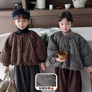 Jiaye children's 2024 children's winter new leopard fleece-lined cotton-padded jacket small and medium-sized children's forest retro coat bread clothing