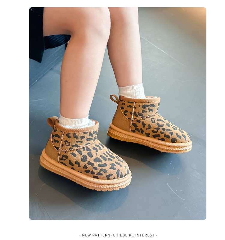 Children's leopard print snow with thick fleece and warm soft sole, medium to children's winter boys' large shoes,_voghion.com