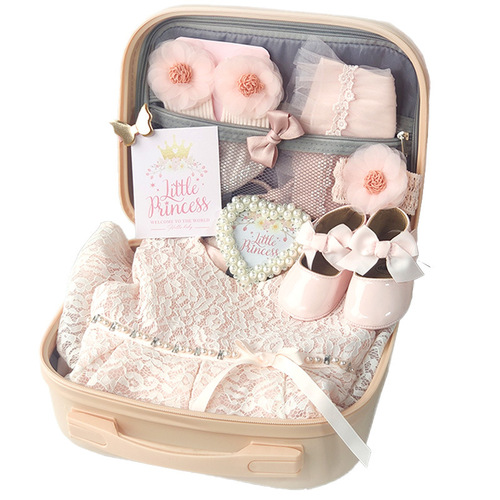 Baby High-End Gift Box Newborn Princess Dress Skirt 100th Day Birthday Party Lace Pink Clothes Set Spring Summer