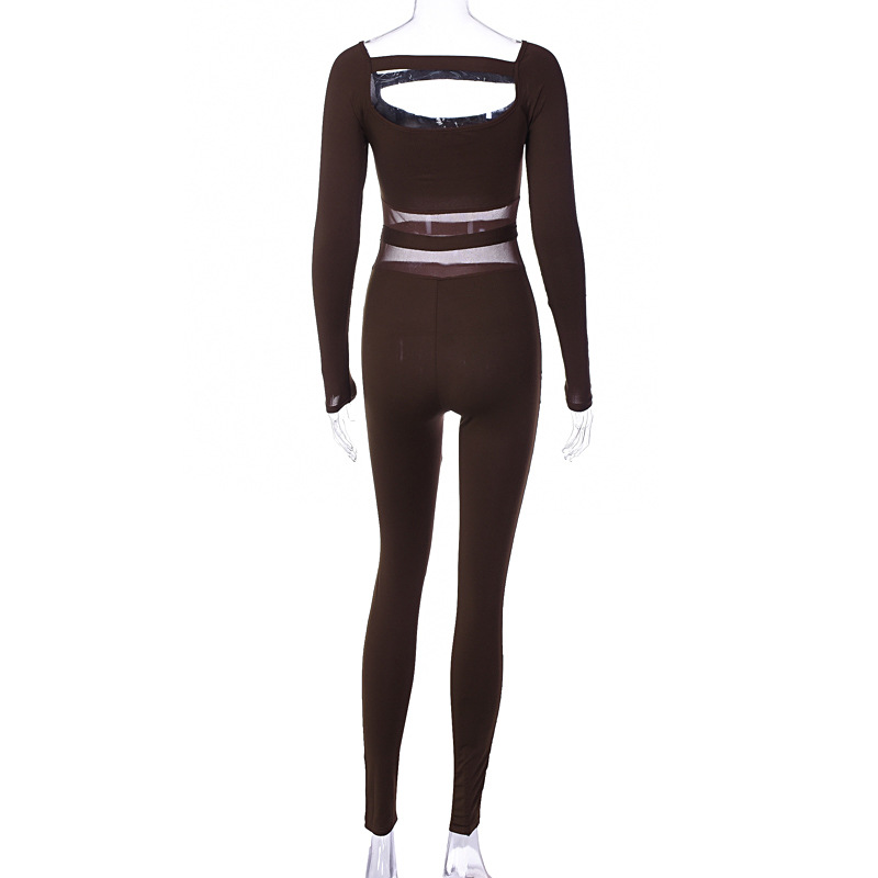 Solid Color Square Collar Mesh Stitching Sports Fitness Jumpsuit in Jumpsuits & Rompers