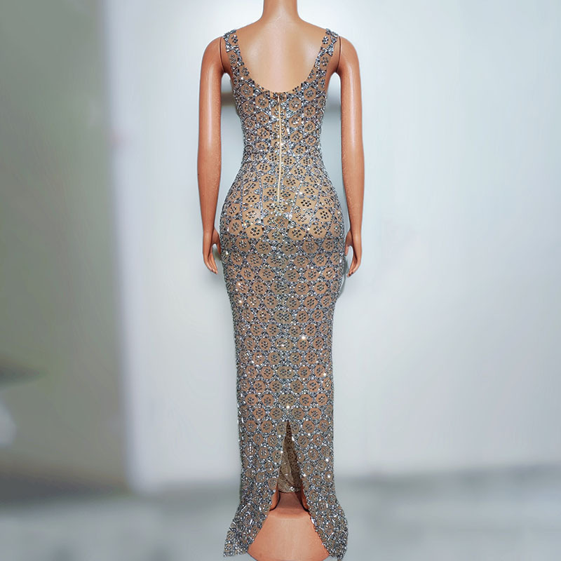Abito da sera lungo fino ai piedi, impreziosito da cristalli – Elegante abito aderente per matrimoni, gala e spettacoli teatrali._voghion.com