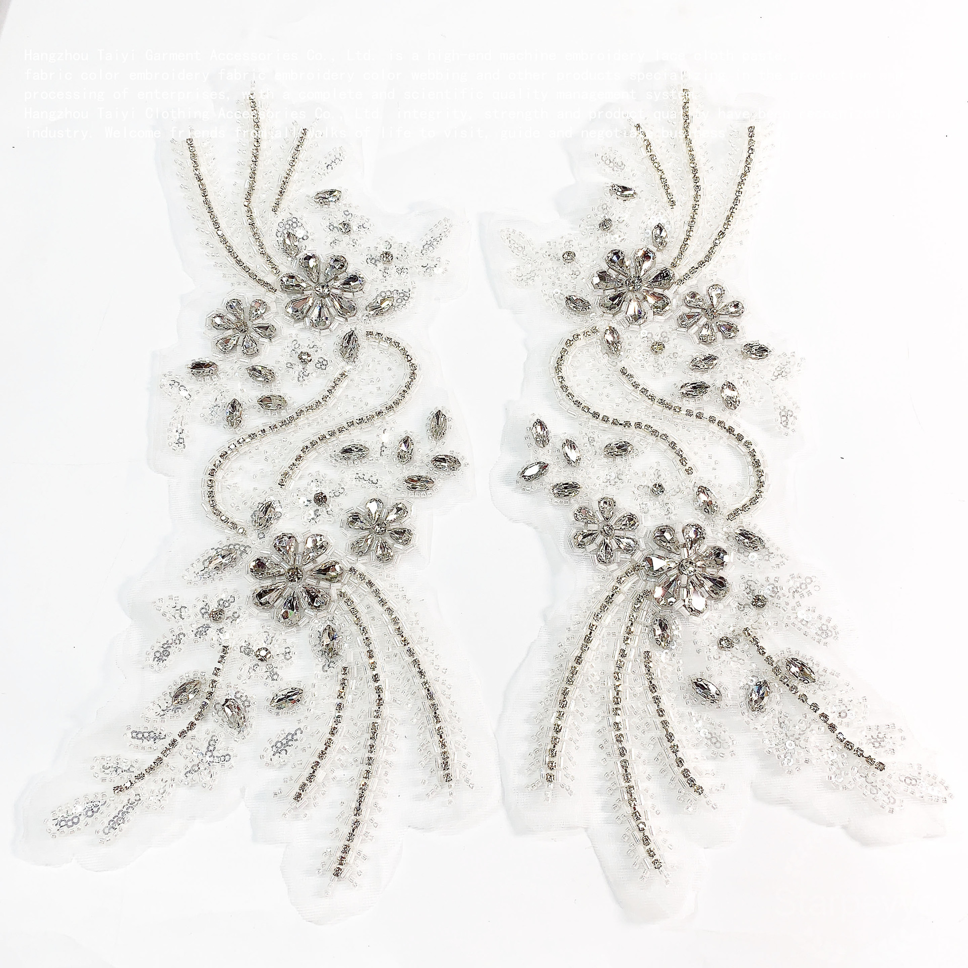 重工网布刺绣手工钉珠水晶对领领花 婚纱礼服发饰装饰diy辅料