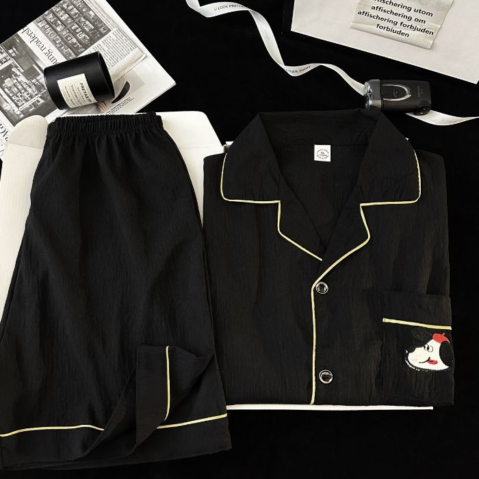 Pijamas de hombre de hilo de algodón de nube negra simple pantalones cortos de verano de manga corta ropa de hogar de gran tamaño casual traje de verano