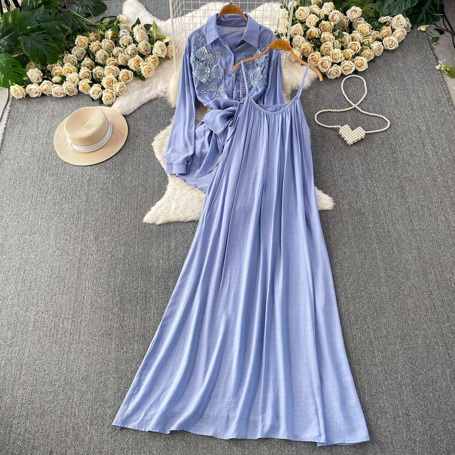 French Elegance Sequin Blazer Dress Set, Mid-Length Cross-Waist Blouse & Camisole Dress 2-Piece Outfit For Women_ecoleips.com