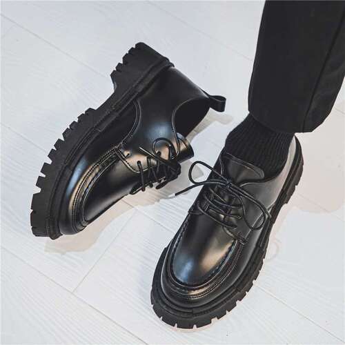 Men's Autumn/Winter New Black Round Toe Heeled Student Laced Leather Shoes Korean Style Blue Casual Shoes