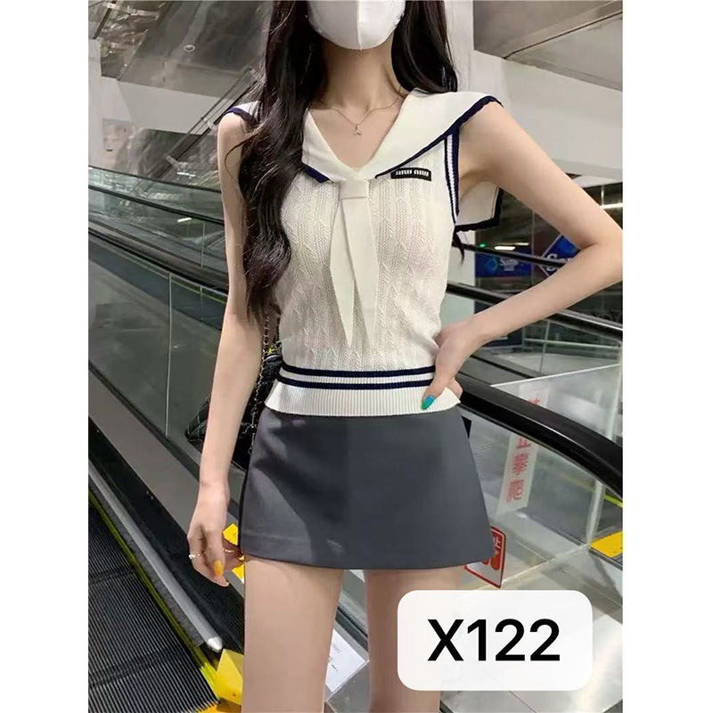 Summer Knitted Sweater Women's Vest Navy Collar Scarf Fashionable Elegant High-End Top Women's Factory