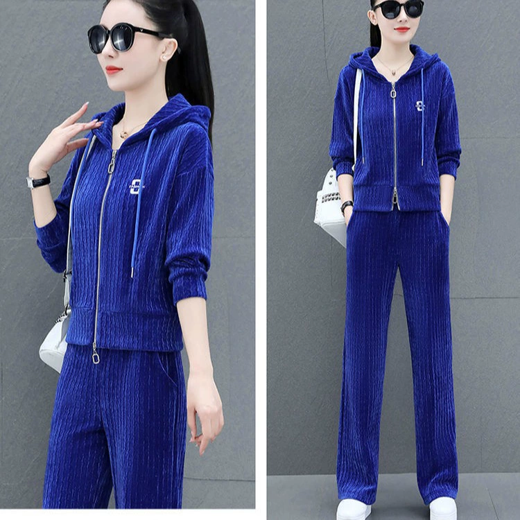 Оптовый комплект повседневной спортивной одежды из вельвета для женщин, осень-зима 2025: новая модная толстовка-куртка и брюки с широкими штанинами, комплект из двух предметов