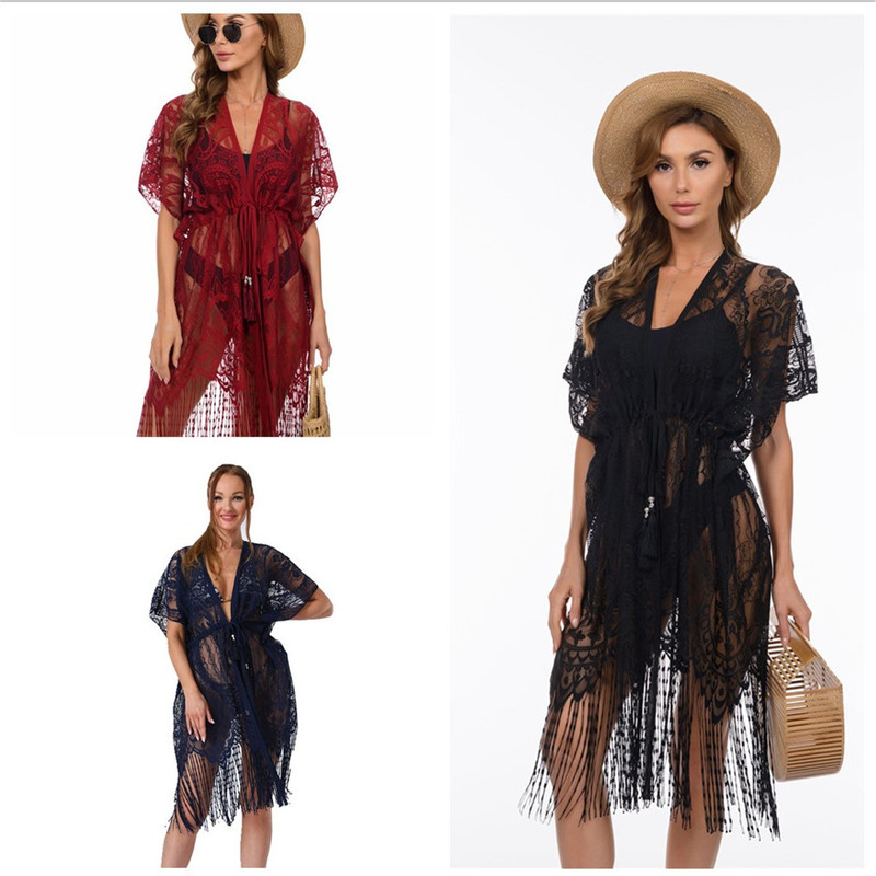 24 New Lace Cardigan Beach Skirt European and American Style Sexy Bikini Cover-Up Summer Extra Long Sunscreen Hollow