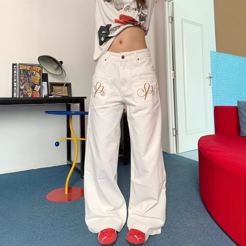 American Retro Reverse Wear Design Dirty Jeans for Men and Women Trendy Brand Washed Distressed Loose Straight Floor-Length Pants