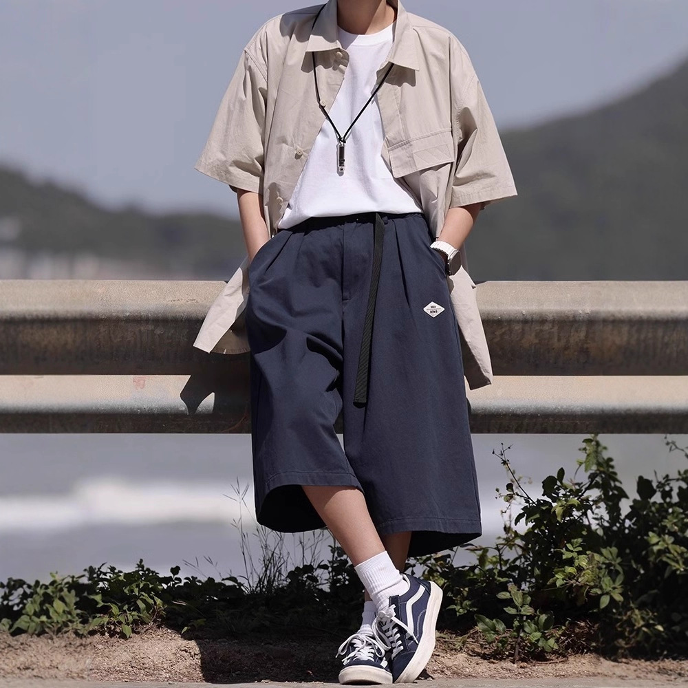 Men's Summer Thin Loose Knee-Length Shorts American Ins Trendy Brand Casual Solid Color 7-Point Wide-Leg Mid-Length Shorts