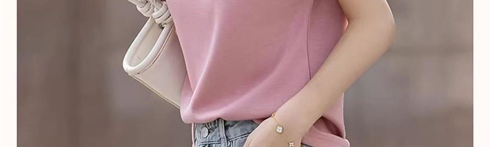 Áo thun nữ tay ngắn dệt kim lụa băng mát mẻ — màu hồng chi tiết 9