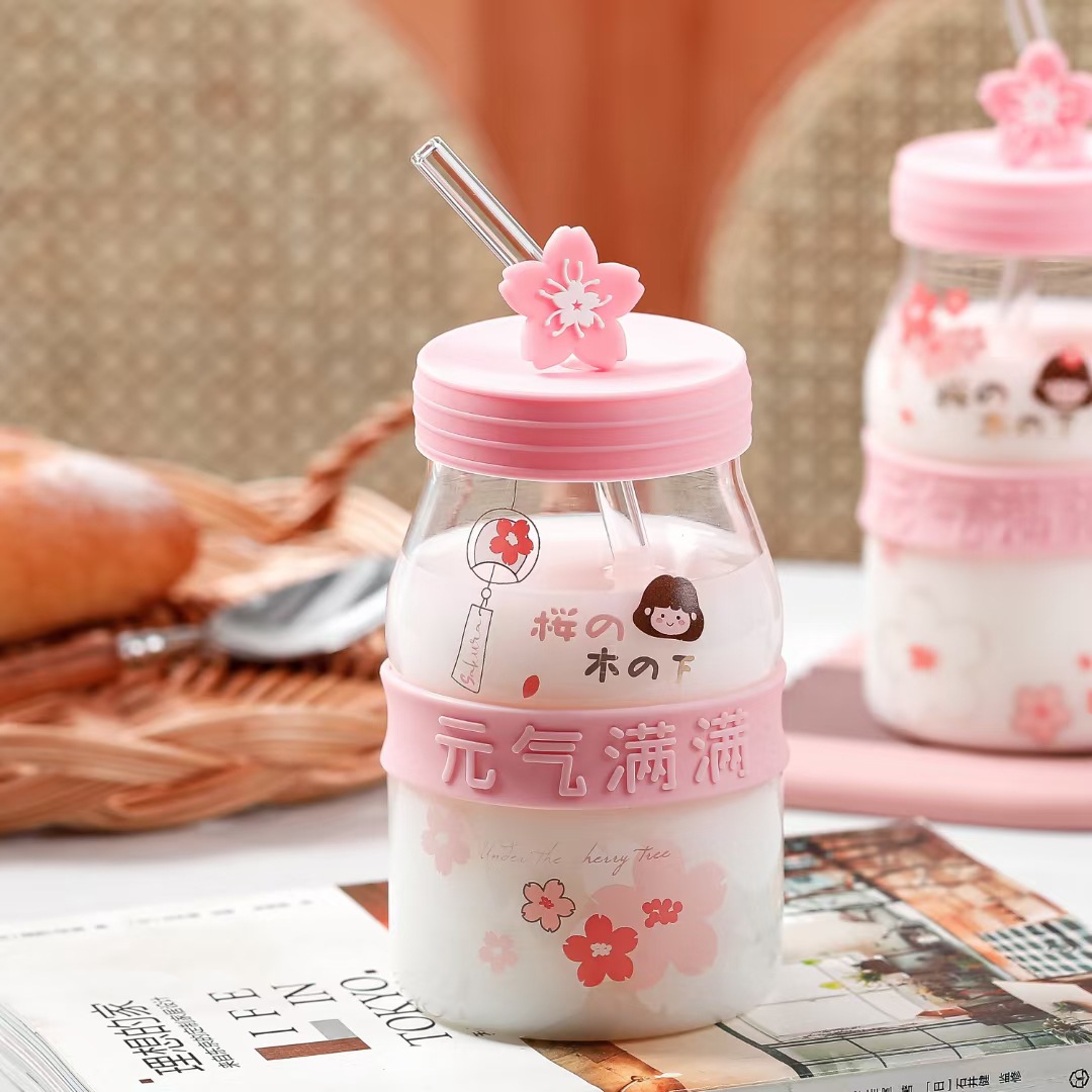 Creativa chica corazón Rosa flor de cerezo chica taza de paja con tapa de vidrio personalizado Oficina taza de leche