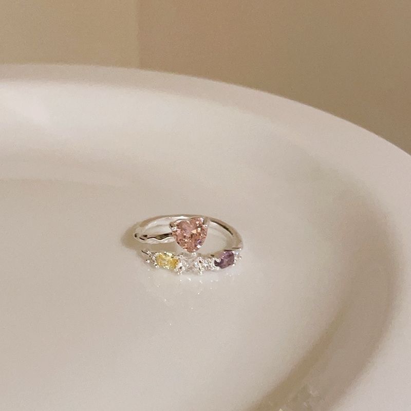 甜酷风粉钻爱心戒指女夏轻奢小众设计感指环精致开口可调节食指戒|undefined