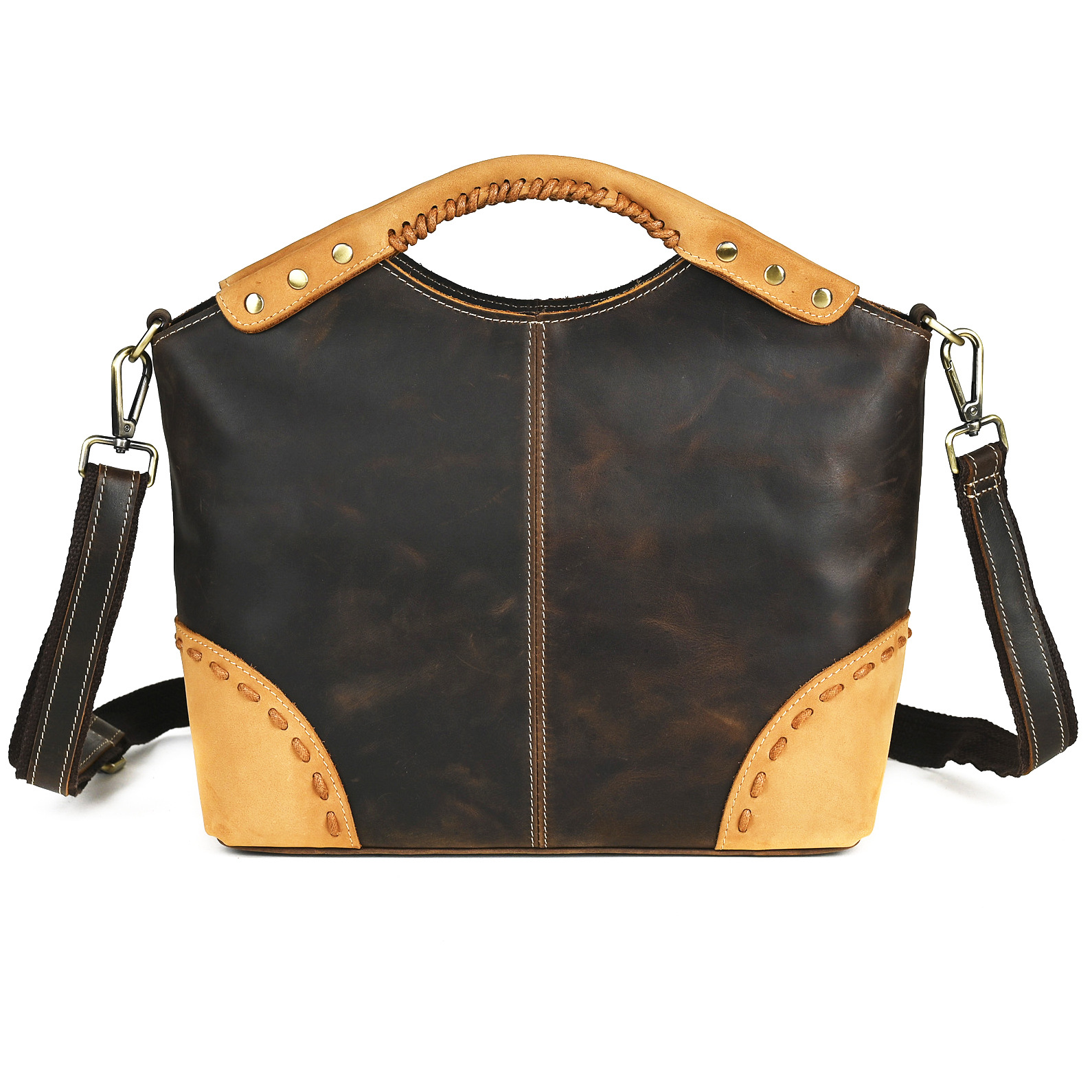Bolso de mujer de piel de vaca de primera capa de cuero genuino retro transfronterizo color de contraste de moda bolso de mano de gran capacidad crossbody bolso de mujer portátil 6640