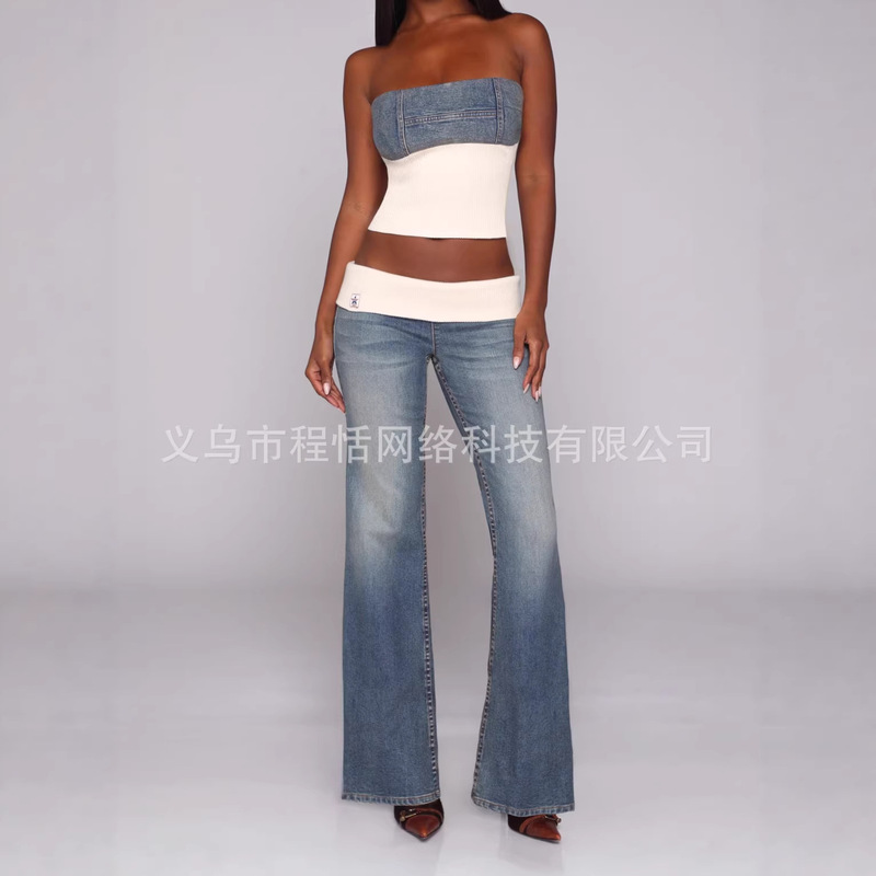 European and American Retro Flared Jeans Vintage Y2K Patchwork Waistband Slim Fit Bell-Bottom Pants Trendy Cross-Border