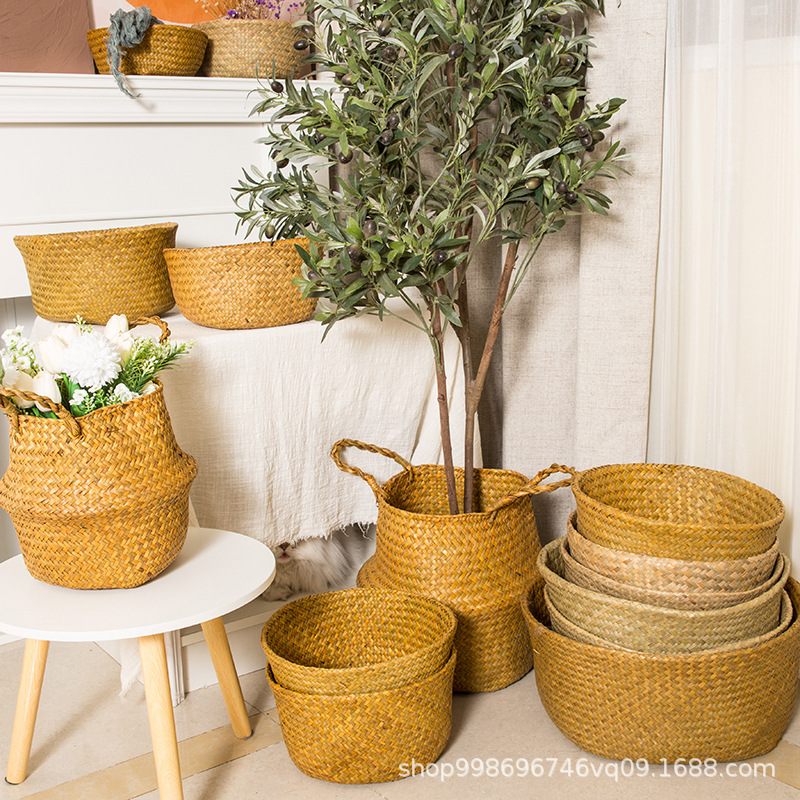 海草編み手提げかご 植物鉢 大容量折りたたみフラワーバスケット 手作り草編み家庭用品収納かご 卸売