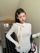 【250克舒服绒】蝴蝶结系带长袖T恤女蕾丝花边修身打底上衣白色