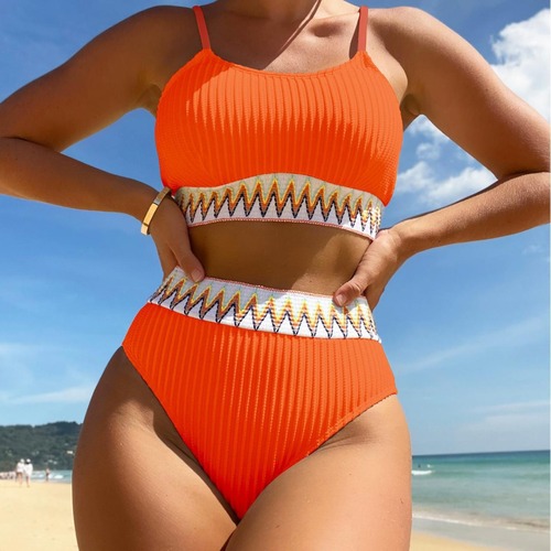 24 New Cross-Border European & American Style High-Waisted Two-Piece Swimsuit for Women: Multi-Color Bikini with Striped and Solid Designs—Sensual & Stylish Swimwear