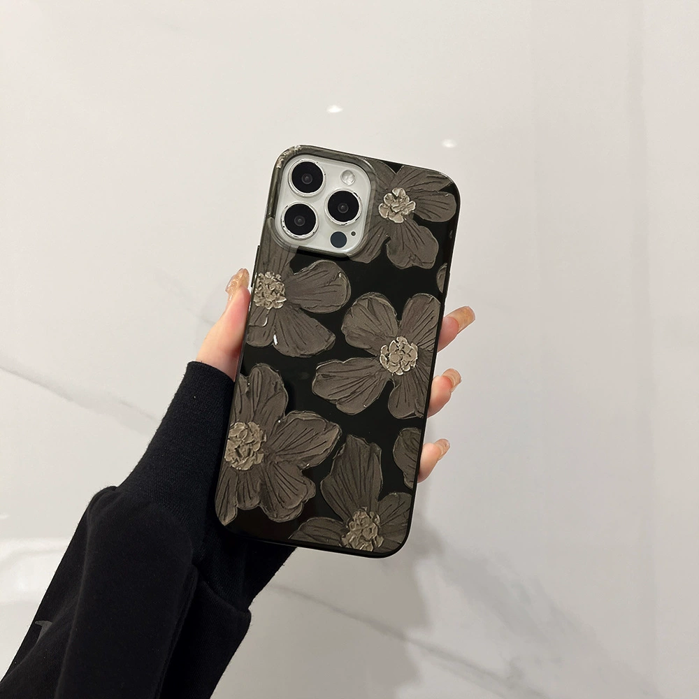 Silicone Phone Case (iPhone) Floral Oil-Paint Design, Bright Black, Slim Protective