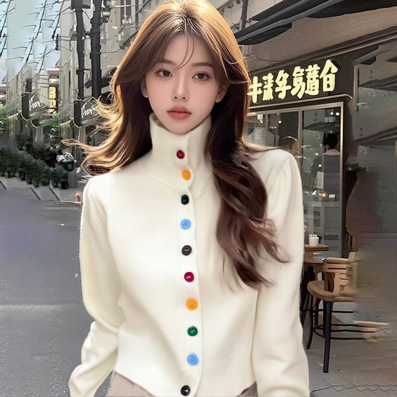 AI Figure in stock Lazy Style High Neck Rainbow Buckle Long Sleeve Knitted Sweater Women's Design Sense Loose Thickened Warm Top