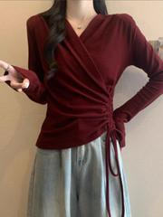 安可拉红V领正肩长袖T恤女秋装大码胖mm打底衫不规则抽绳收腰上衣