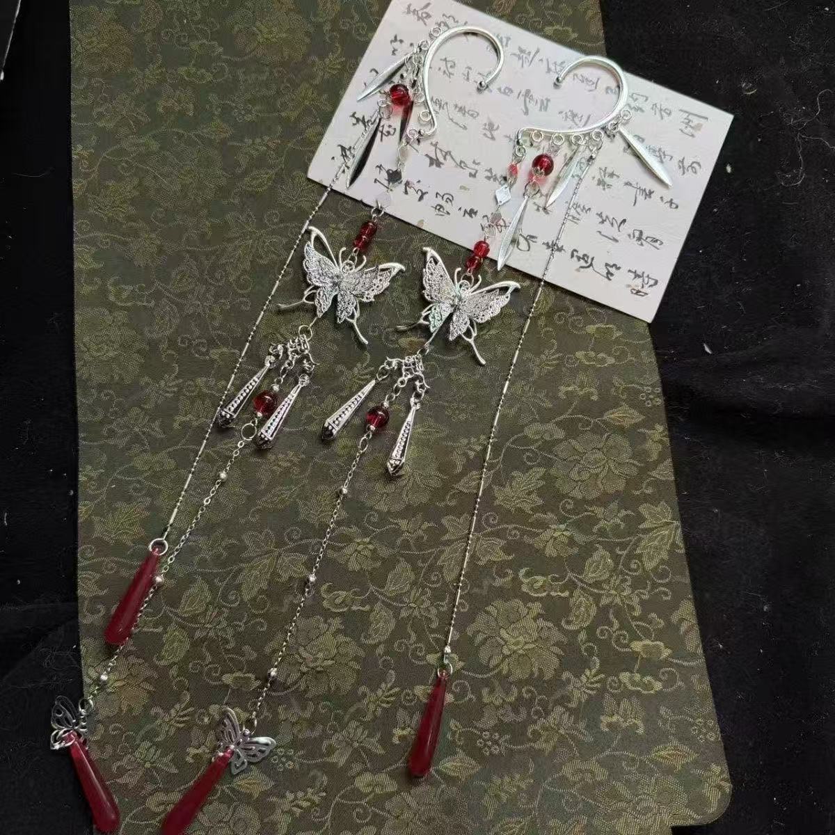 Dream of Jinling Heaven Official's Blessing Ear Hanging Bell Silver Red Butterfly Bell Style Ear Hanging Accessory