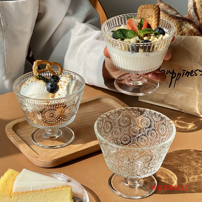 Стеклянная миска с тиснением подсолнуха в ретро-стиле, домашняя миска для мороженого, йогурта, овсянки, завтрака и десертов