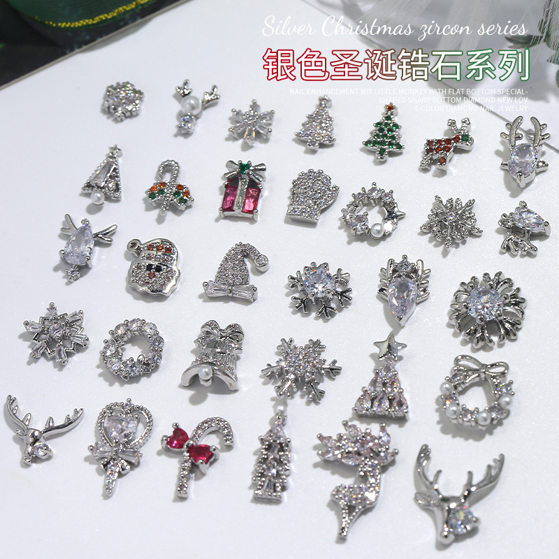 Nueva Luz de lujo de plata de Navidad ZIRCON accesorios de uñas flash de alto grado de copo de nieve ELK nail diamante joyería al por mayor