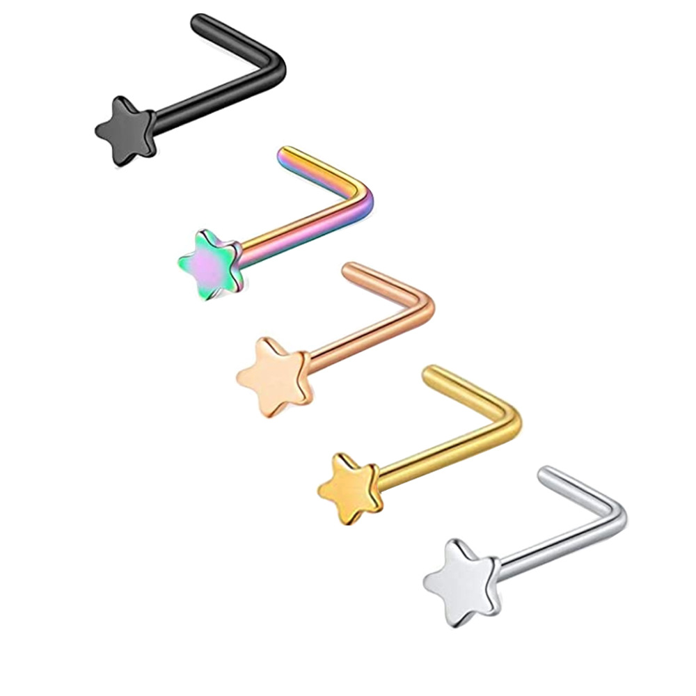 Stainless Steel L-Shaped Nose Nail Five-Pointed Star Curved Rod Nose Ring Piercing Jewelry Nose Stud detail image 8
