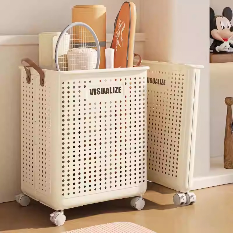 フィットネス機器折りたたみプラスチック収納バスケット置物収納棚ヨガマット整理カゴプーリー付家庭用大容量|undefined