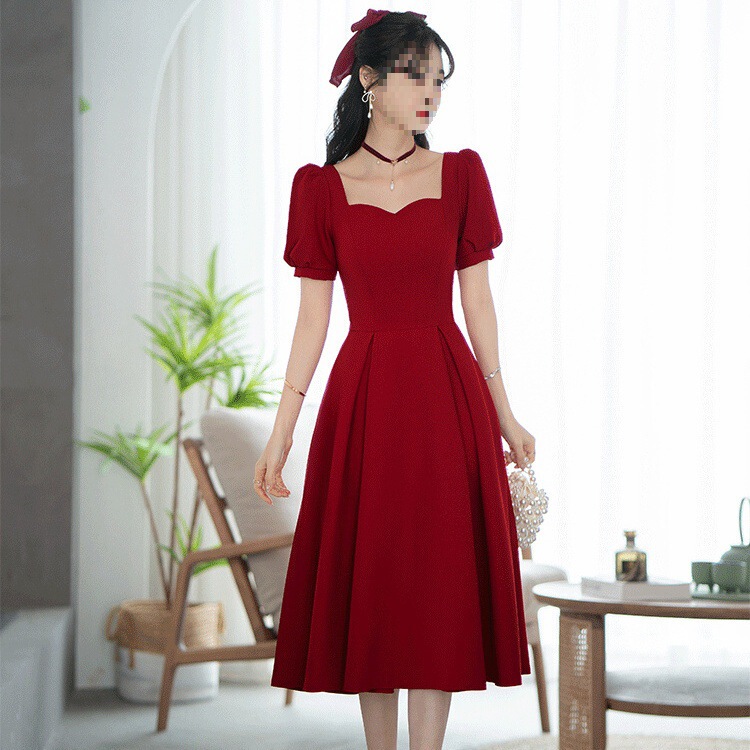 连衣裙夏季订婚礼服2025平时可穿结婚小个子酒红色新款敬酒服新娘|undefined