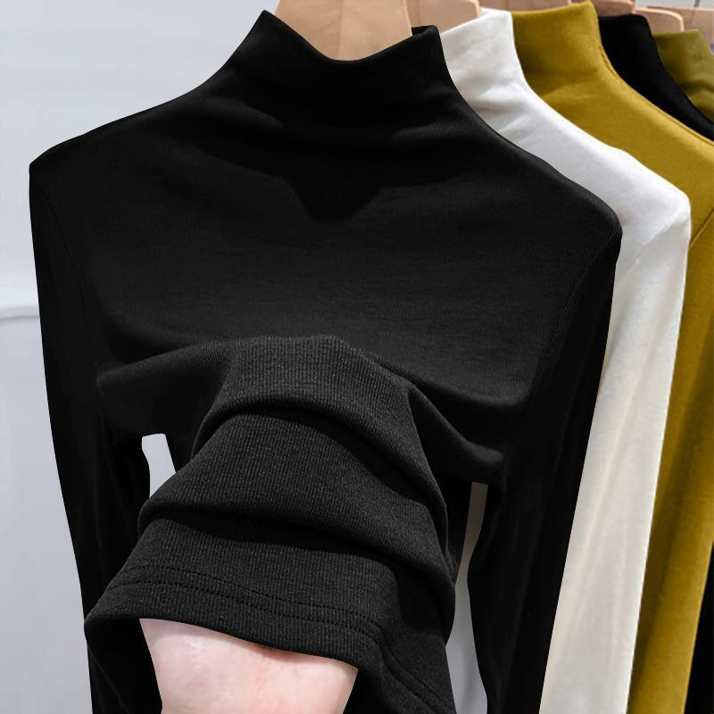 ng2510292 Half Turtleneck Inner Solid Color Base Shirt Women, New Autumn And Winter Slim Fit Stylish Outerwear Long Sleeve T-Shirt_ecoleips.com