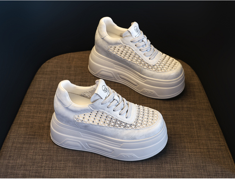 Giày sneaker nữ đế dày lưới thoáng, phối đá rhinestone, tăng chiều cao — màu trắng chi tiết 5
