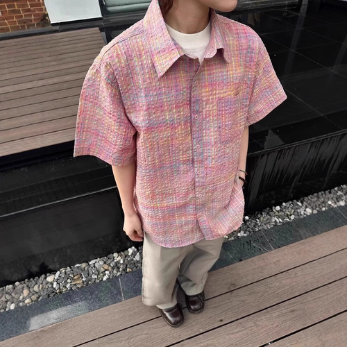 American-style color-glossed check short-sleeve shirt for men and women, trendy pink plaid casual fashion brand versatile summer loose casual half-sleeve shirt