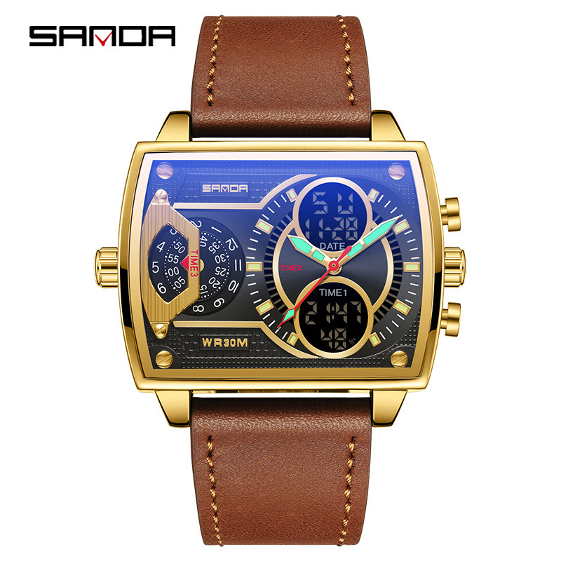 Sanda sanda6032 Harajuku estilo reloj electrónico doble pantalla multifuncional cinturón hombres moda cuadrado reloj personalizado