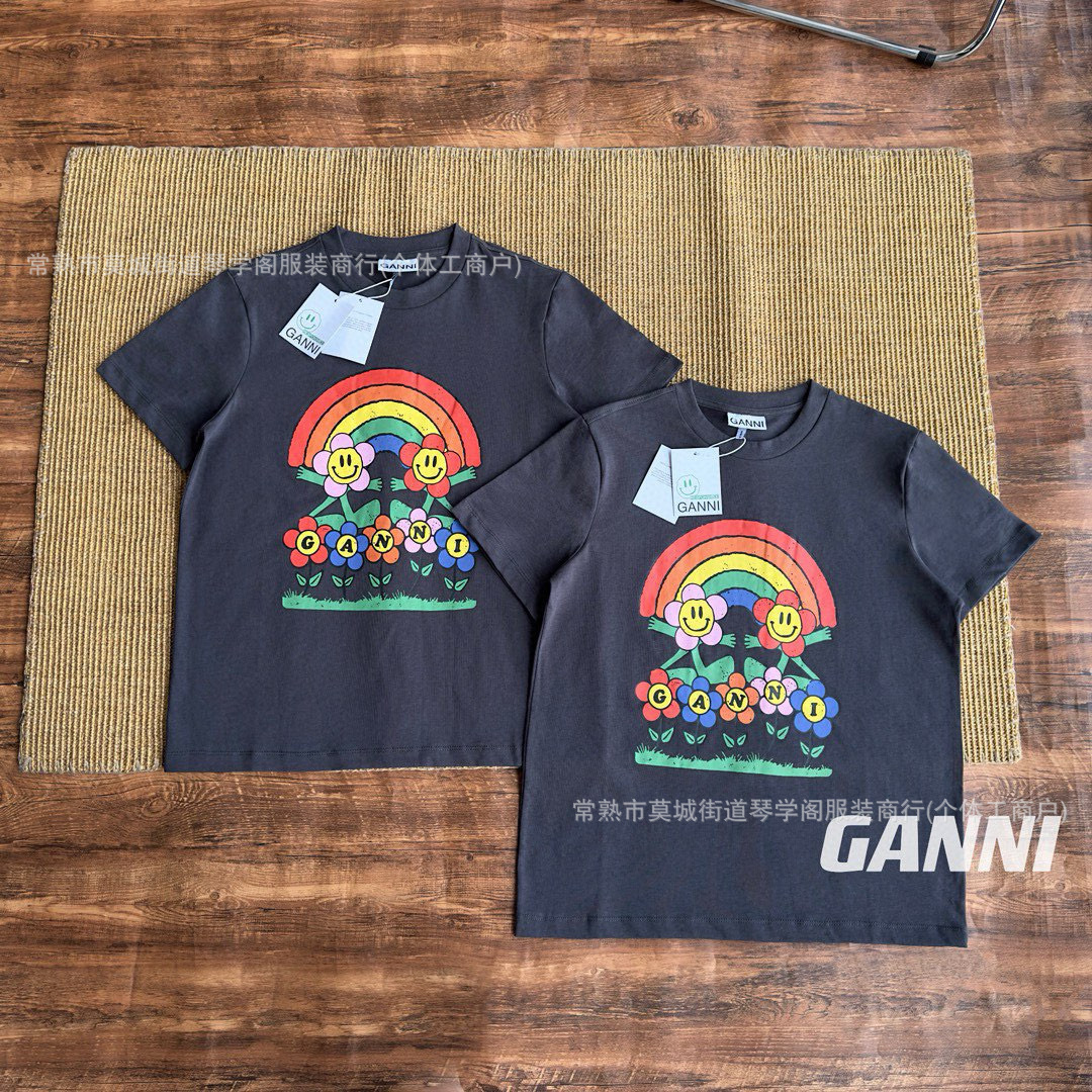 thumbnail for Factory straight hair GANNI new cartoon rainbow flower print short sleeve T-shirt