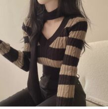 美式性感拼接设计感气质V领系带撞色条纹秋针织衫长袖女辣妹上衣