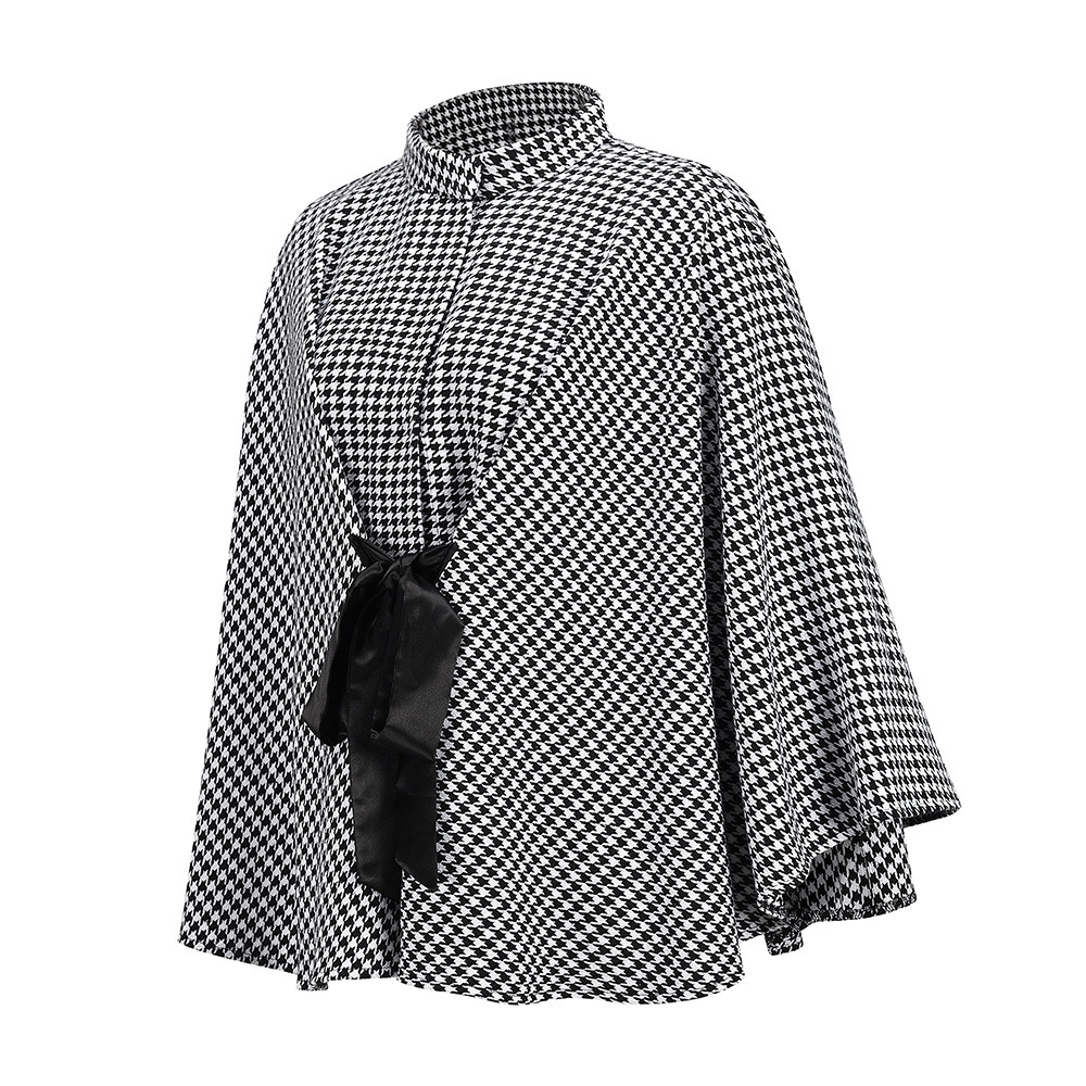 women s houndstooth woolen loose tie cloak coat nihaostyles clothing wholesale NSXPF72443