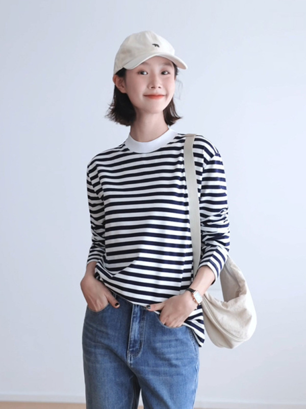 纯棉软糯条纹长袖女T恤半高中领宽松显瘦休闲外穿经典海魂打底杉|undefined