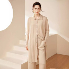 纯山羊绒开衫2024秋冬新款女士POLO领打底衫韩系风中长款系扣外套