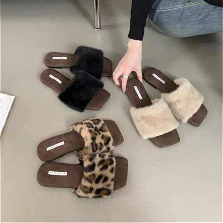 Leopardo francés con zapatos de lana de conejo de invierno nuevos zapatos planos de dedos abiertos calientes 35 - 43 tamaño grande trapezo transfronterizo