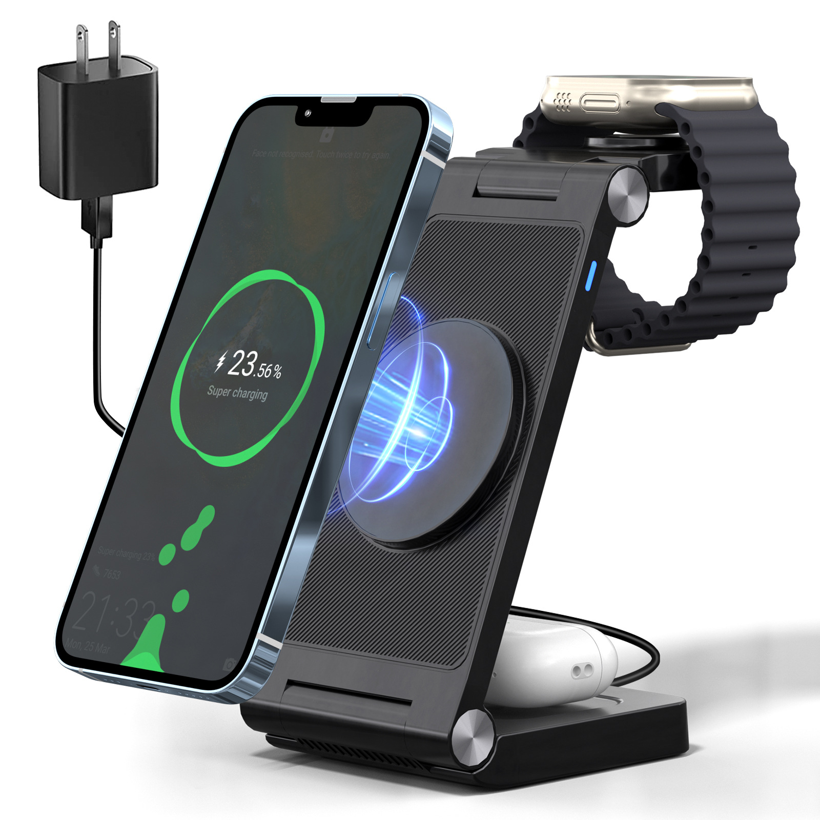 New Vertical Folding Magnetic Three in One Wireless Charger Suitable for Apple 14 Phone Earphones, Watch Charging 15W_voghion.com